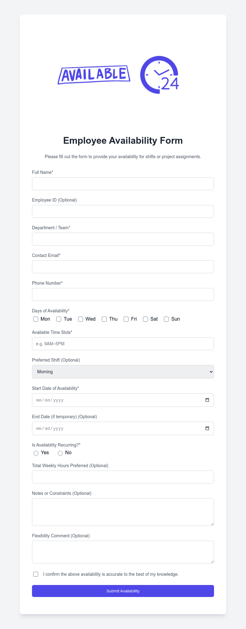 Employee Availability Form Template | FormBold